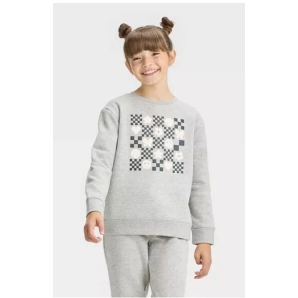 Cat & Jack Girls XL Smiley Checkerboard Sweatshirt Gray Crewneck Pullover Fleece - Picture 1 of 8